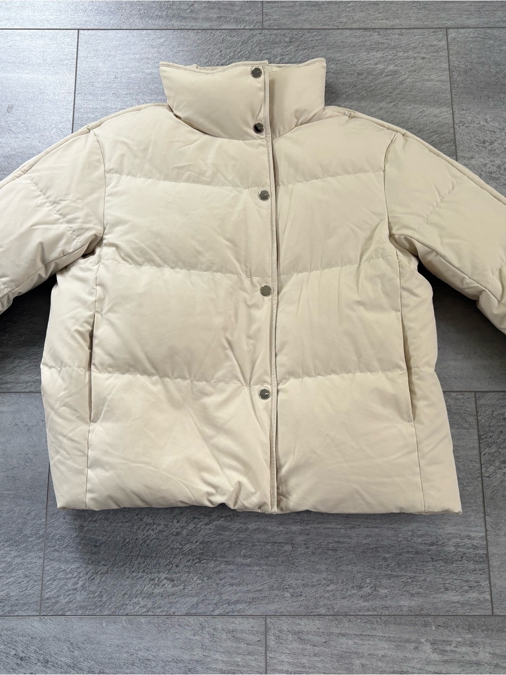 Lightweight Cream Puffer Jacket with High Collar
